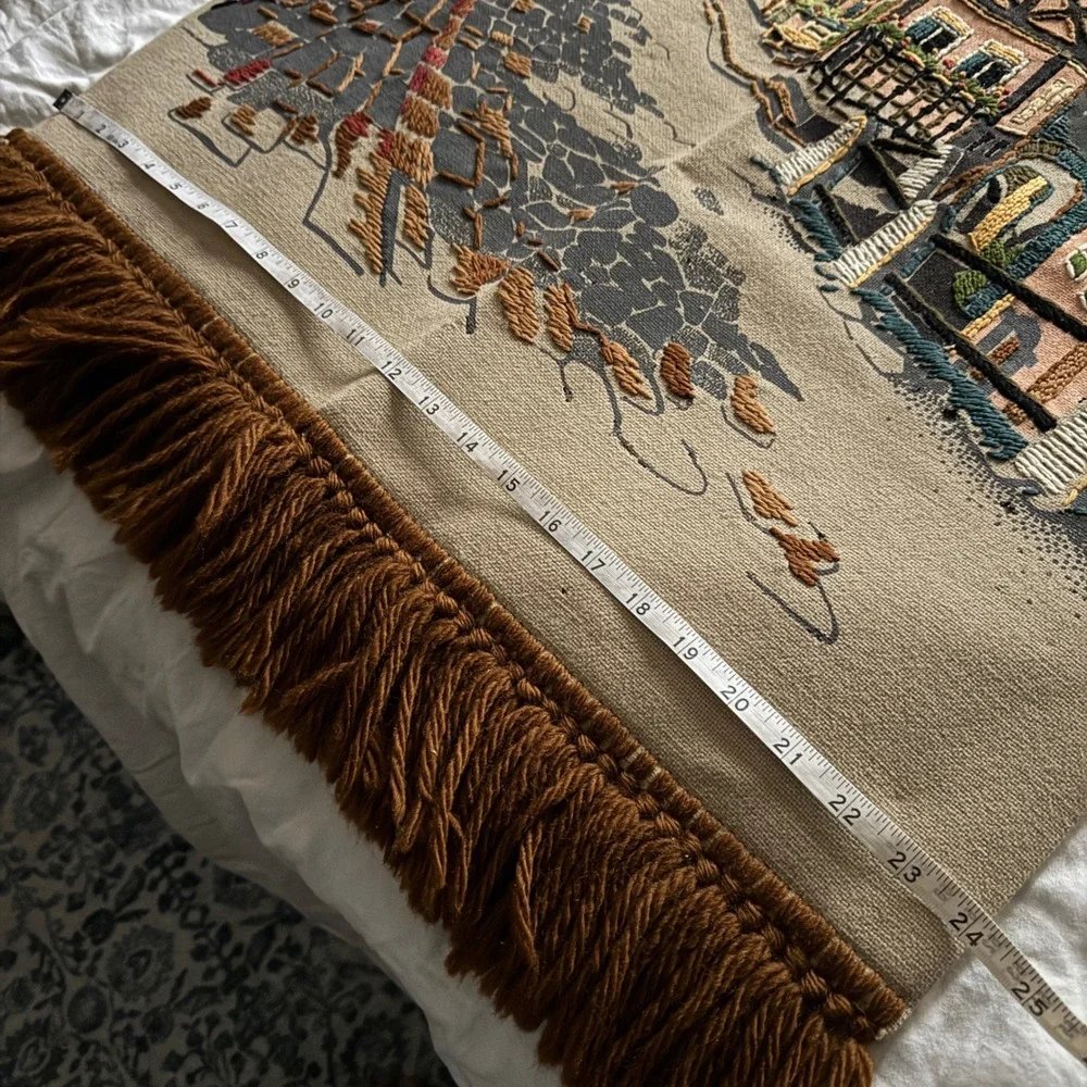 Vintage 1970s West Germany Wall Hanging Tapestry Linen Embroidered Village Paint